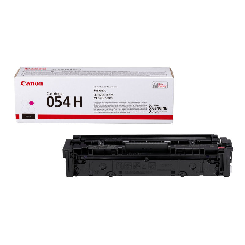 A boxed Canon 054H High Yield Magenta Original Toner next to its unpackaged version showing the toner cartridge itself.