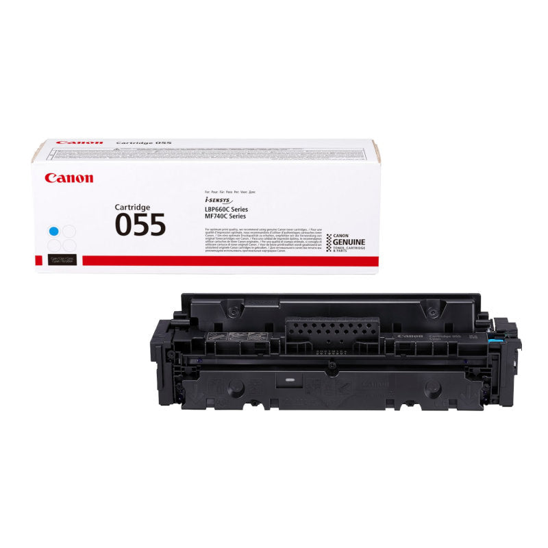 A Canon 055 Cyan Original Toner cartridge next to its packaging box.