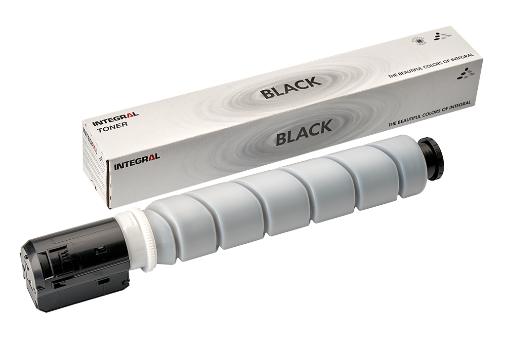 A compatible black toner cartridge for Canon printers, shown next to its packaging which has 'Black' and the Canon logo on it.