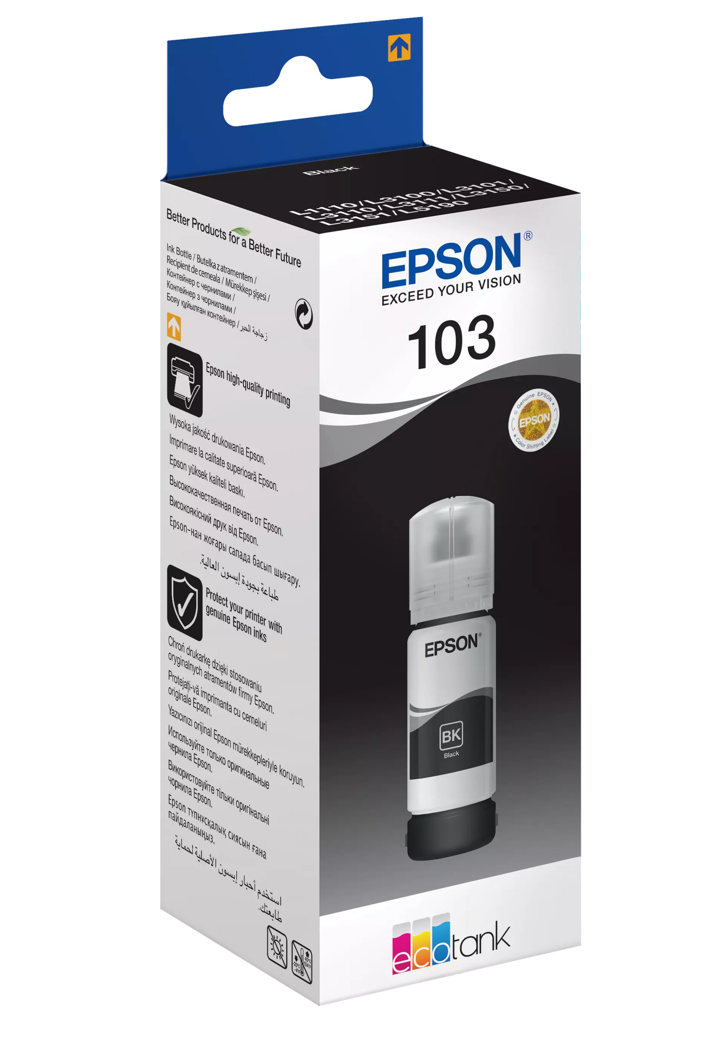 Side view of packaging for Epson 103 EcoTank Black Original Ink Bottle
