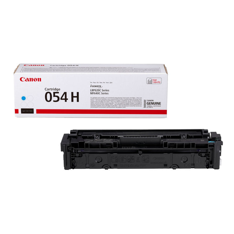 A boxed Canon 054H High Yield Cyan Original Toner next to its unpackaged version showing the toner cartridge itself.