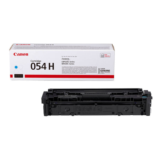 A boxed Canon 054H High Yield Cyan Original Toner next to its unpackaged version showing the toner cartridge itself.
