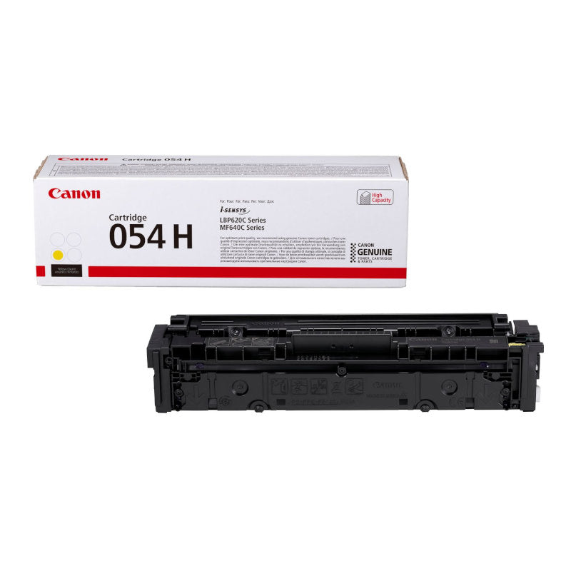 A Canon 054H High Yield Yellow Original Toner cartridge next to its packaging box.