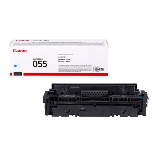 A Canon 055 Cyan Original Toner cartridge next to its packaging box.