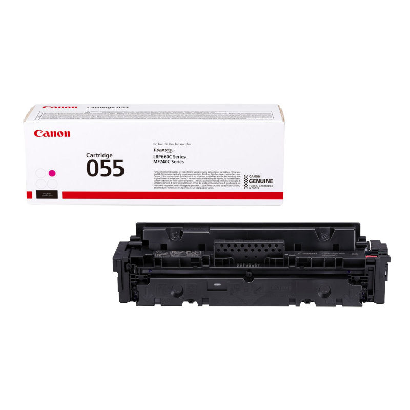 A Canon 055 Magenta Original Toner cartridge next to its packaging box.