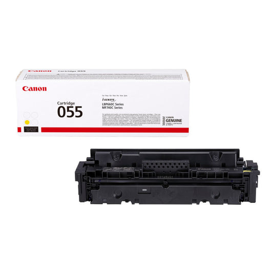 A Canon 055 Yellow Original Toner cartridge next to its packaging box.