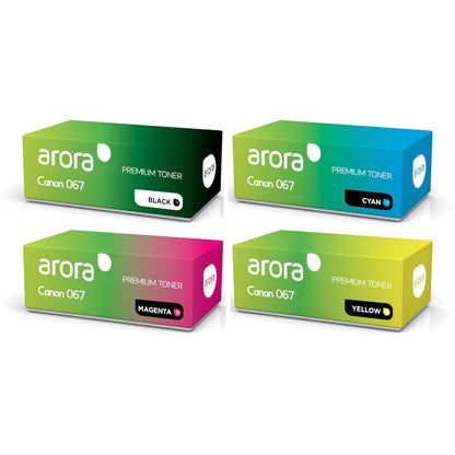 Four colored boxes representing compatible Canon 067 toner cartridges for Canon printers. Black toner is on the top left, cyan on the top right, magenta on the bottom left, and yellow on the bottom right.
