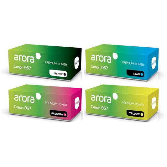 Four colored boxes representing compatible Canon 067 toner cartridges for Canon printers. Black toner is on the top left, cyan on the top right, magenta on the bottom left, and yellow on the bottom right.
