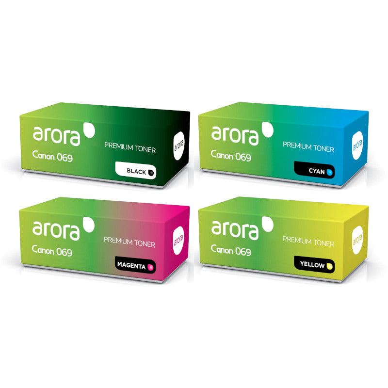 Four colored boxes representing a compatible 069 toner multipack for Canon printers, with labels for Black, Cyan, Magenta, and Yellow toners.