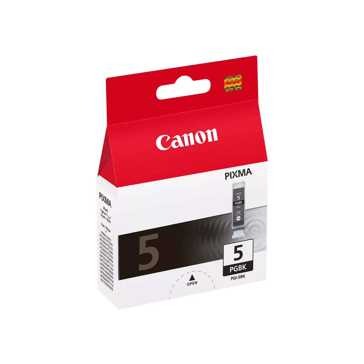 Side view of Canon Original PGI-5 Black ink cartridge packaging with brand colours and logos.