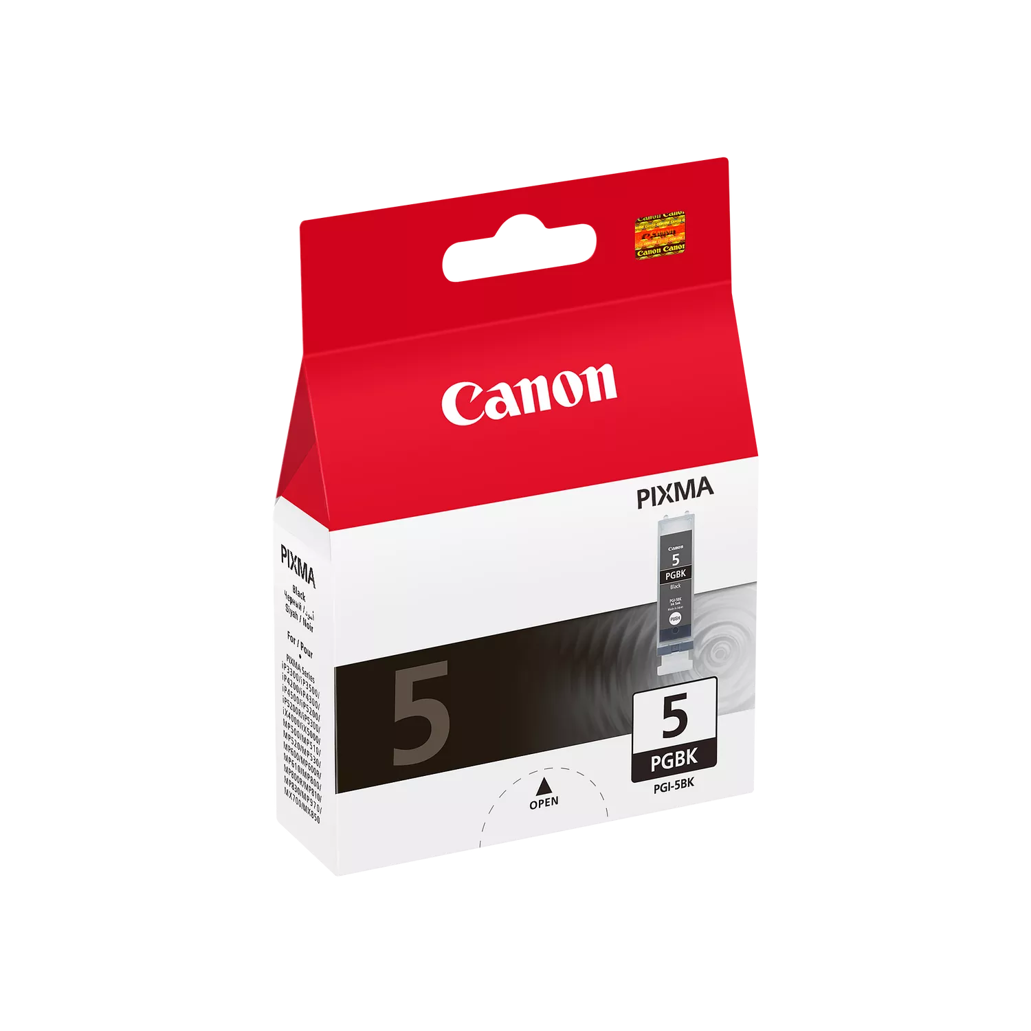 Side view of Canon Original PGI-5 Black ink cartridge packaging with brand colours and logos.