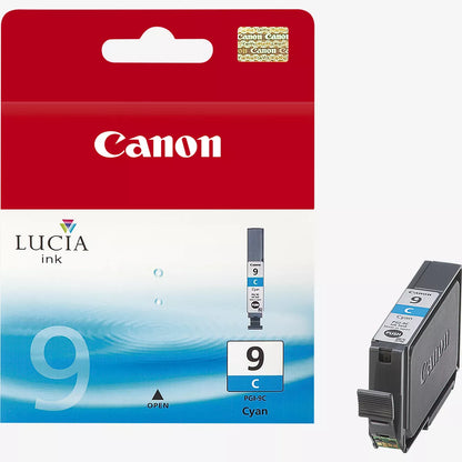 Canon PGI-9C cyan ink cartridge packaging with visible branding.
