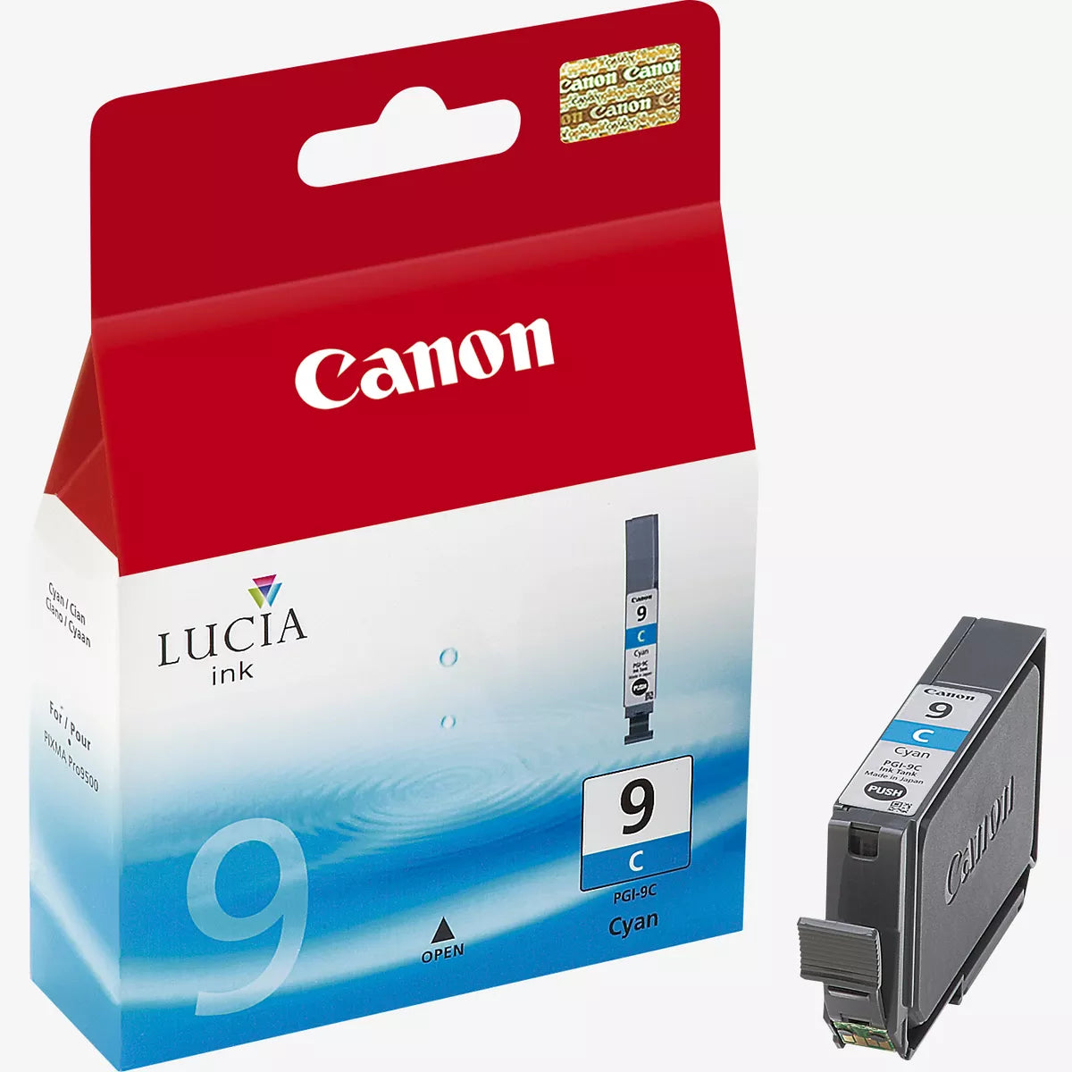 Canon Lucia ink cartridge and packaging on a white background