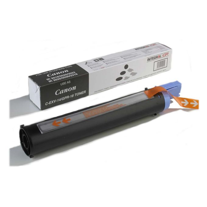 A Canon compatible black toner cartridge, model CEXV14, next to its packaging box.