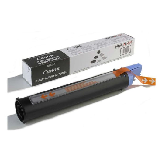 A Canon compatible black toner cartridge, model CEXV14, next to its packaging box.
