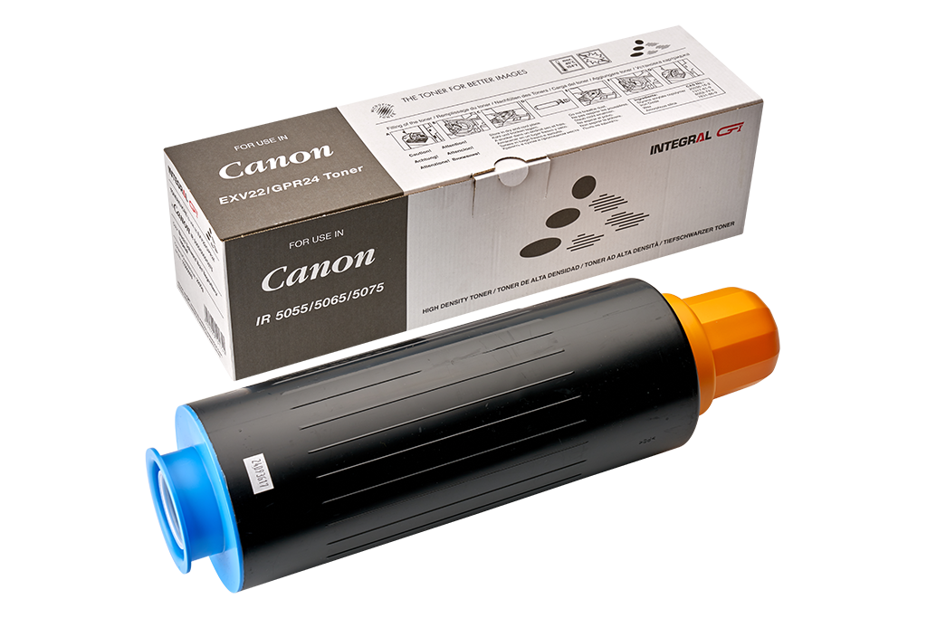 A black compatible Canon EXV-22 toner cartridge next to its packaging box, which also displays the Canon logo and product information.