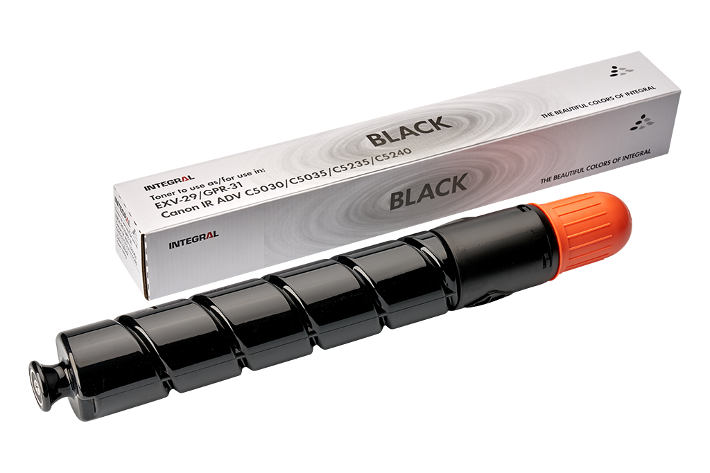 A black compatible Canon EXV-29 toner cartridge next to its packaging box, which is also predominantly white and black with orange accents.