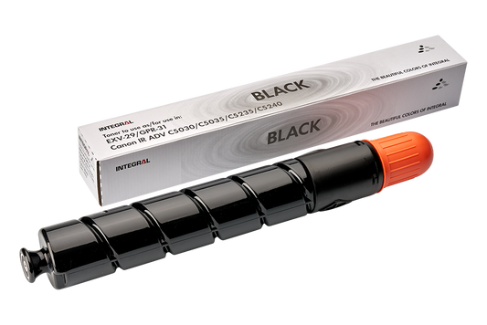 A black compatible Canon EXV-29 toner cartridge next to its packaging box, which is also predominantly white and black with orange accents.
