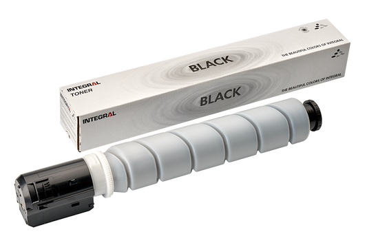 A compatible black toner cartridge for Canon printers, shown next to its packaging which has 'Black' and the Canon logo on it.
