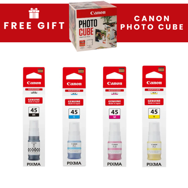 Canon ink cartridges and photo cube with free gift offer on a white background