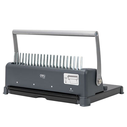 Gray paper binding machine with comb on a white background