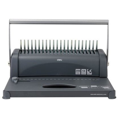 Gray Deli comb binding machine on a white background