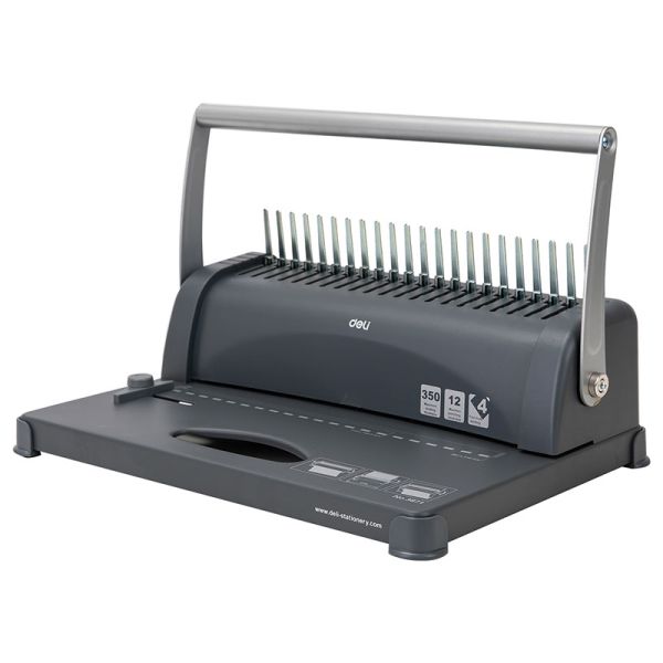 Gray office binding machine with comb on a white background