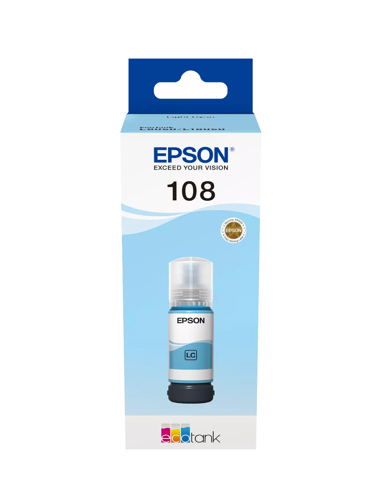 Epson 108 EcoTank Light Cyan Original Ink bottle packaging.
