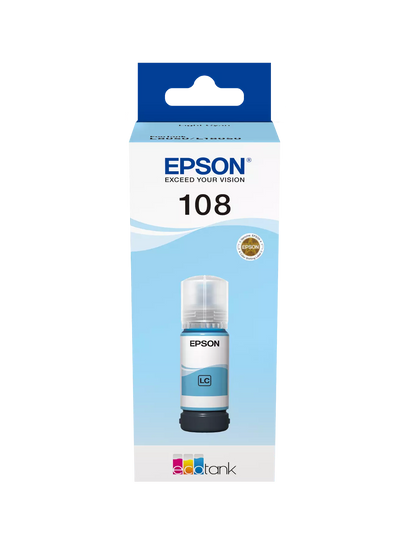 Epson 108 EcoTank Light Cyan Original Ink bottle packaging.