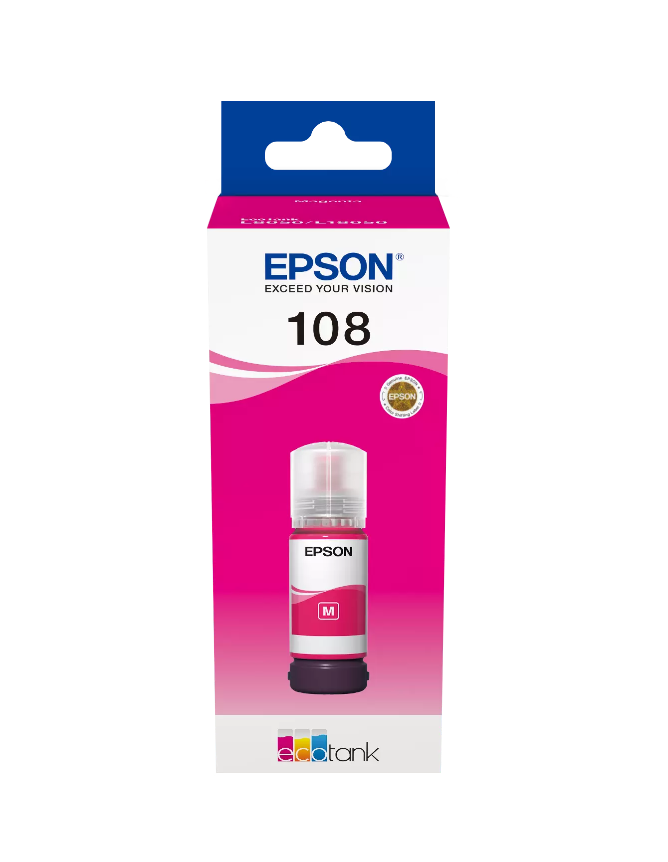 Epson 108 EcoTank Magenta Original Ink packaging.