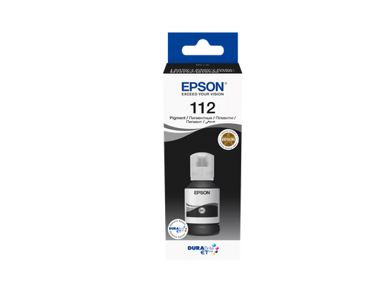 Packaging of Epson 112 EcoTank Black Original Ink Bottle with product details and compatibility information.