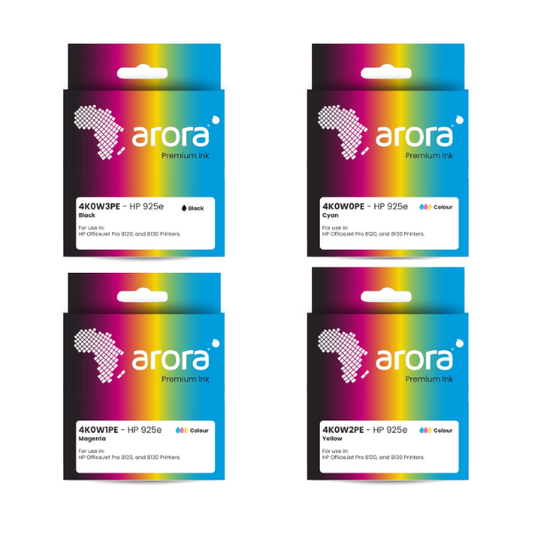 Four Arora HP 925e high yield compatible ink cartridges in black, cyan, magenta, and yellow on a white background.