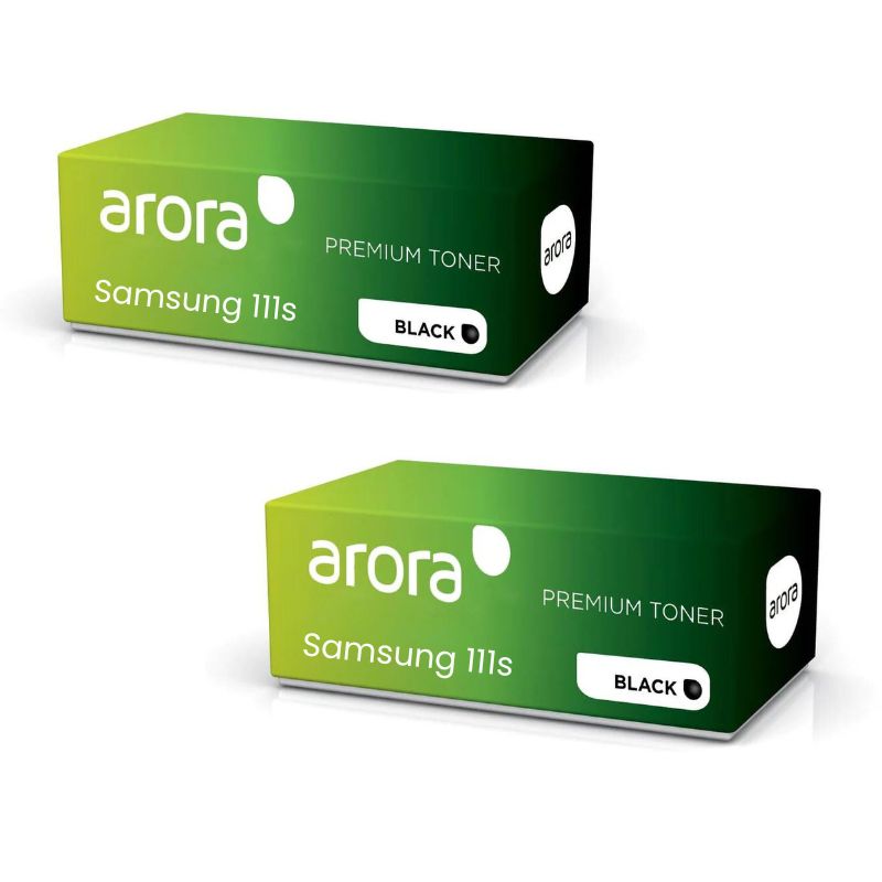 Two green colored boxes of Samsung 111s Black Compatible Toner Dual Pack with the brand name arora printed on them.