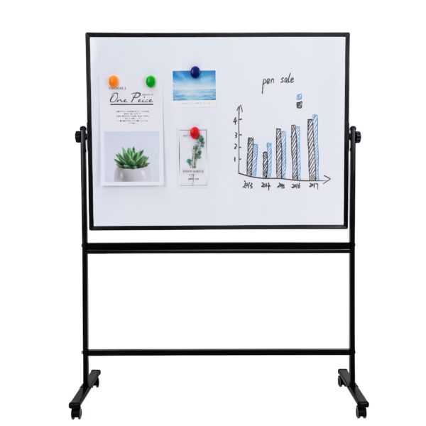 Whiteboard with black frame and wheels on a white background