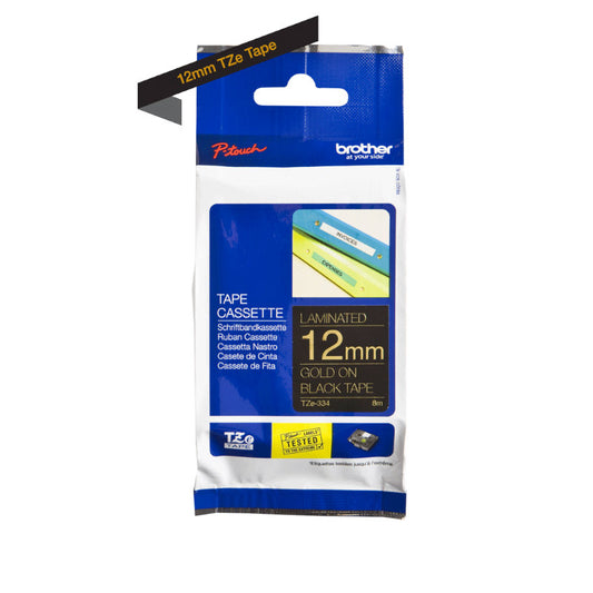 Brother TZ334 Gold On Black Laminated 12mm Tape - TZe-334