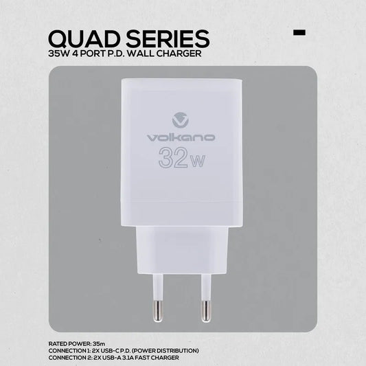 Volkano Quad Series 2x PD USB-C 2x USB-A 3A Wall Charger