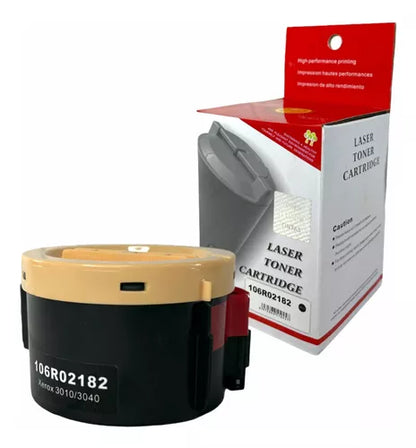 A single black toner cartridge compatible with Xerox printers, alongside its red and white packaging box.